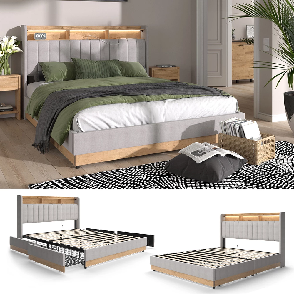 Vitalispa Polsterbett Grau 167.5 x 216 cm mit 4 Schubladen, Nura