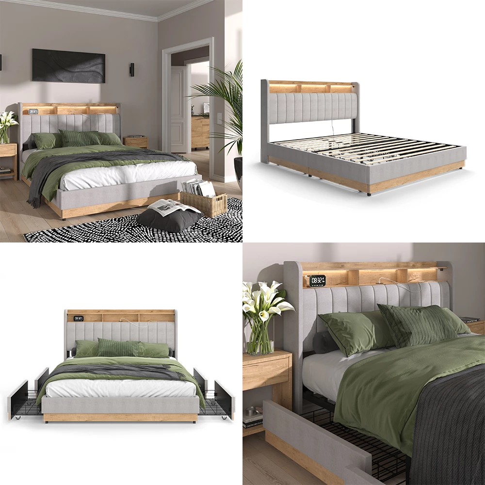 livinity® Polsterbett Grau 167.5 x 216 cm mit 4 Schubladen, Nura