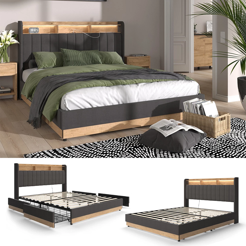 Vitalispa Polsterbett Anthrazit 167.5 x 216 cm mit 4 Schubladen, Nura