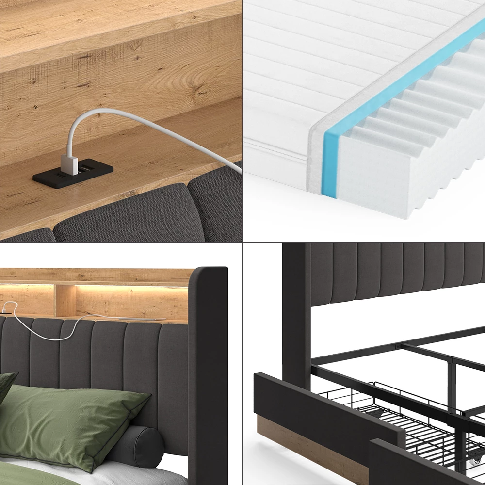 Nahaufnahme von Polsterbett in Anthrazit, zeigt Design- und Oberflächendetails