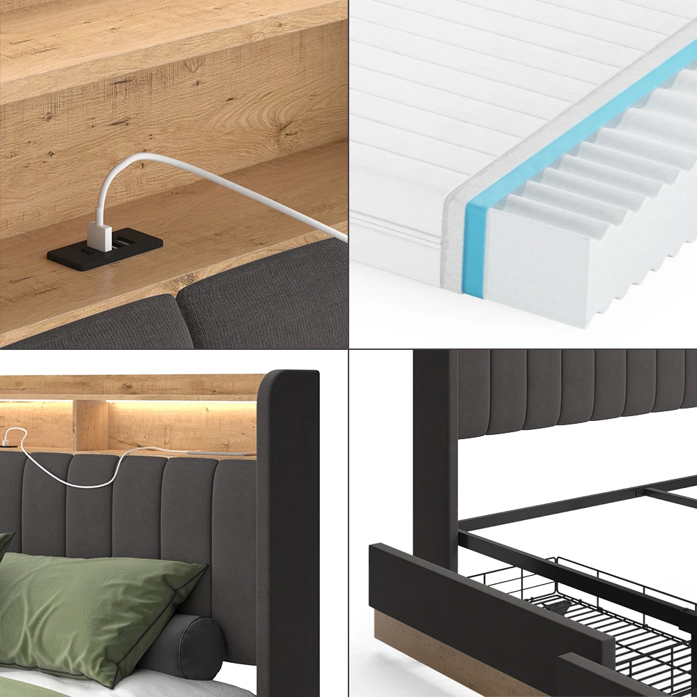 Nahaufnahme von Polsterbett in Anthrazit, zeigt Design- und Oberflächendetails