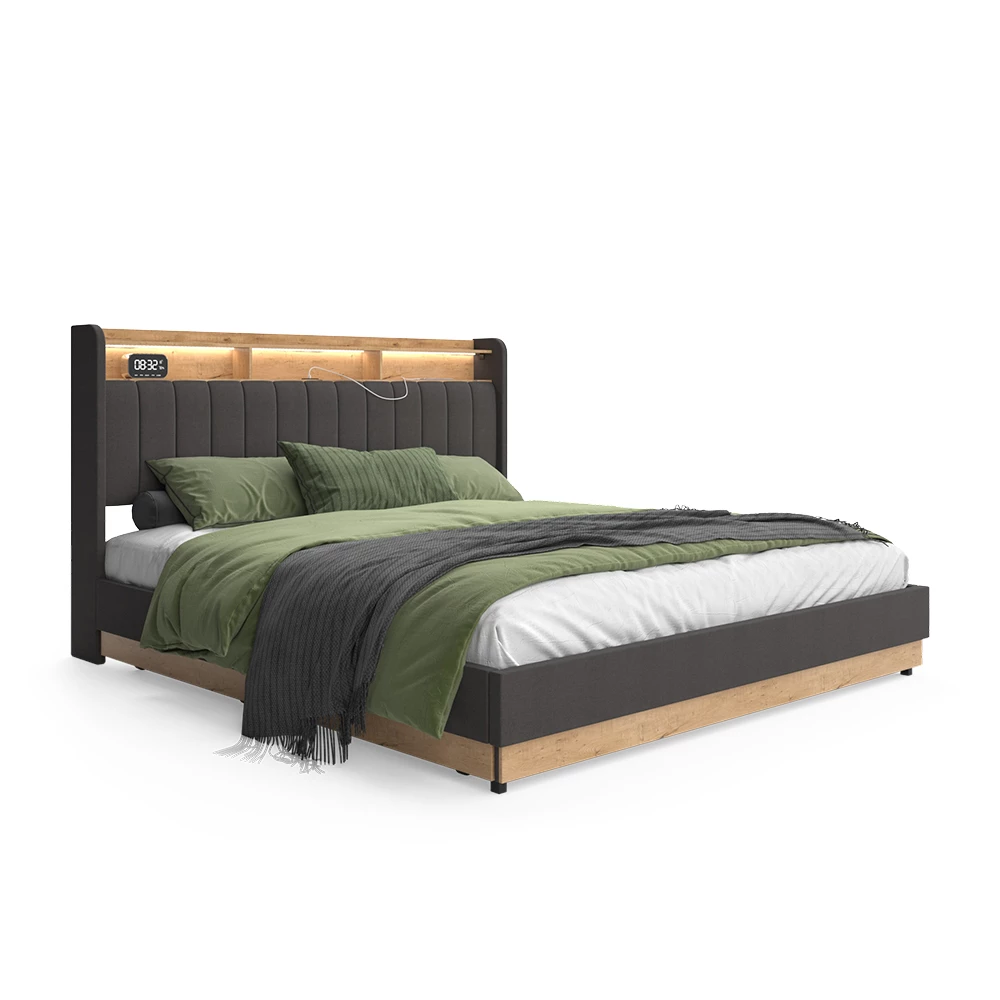 Polsterbett in Anthrazit auf weißem Hintergrund mit dekorativen Elementen