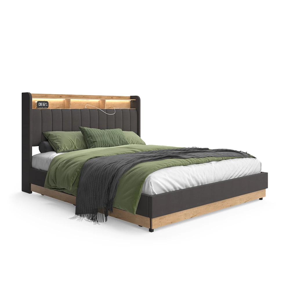 Polsterbett in Anthrazit auf weißem Hintergrund mit dekorativen Elementen