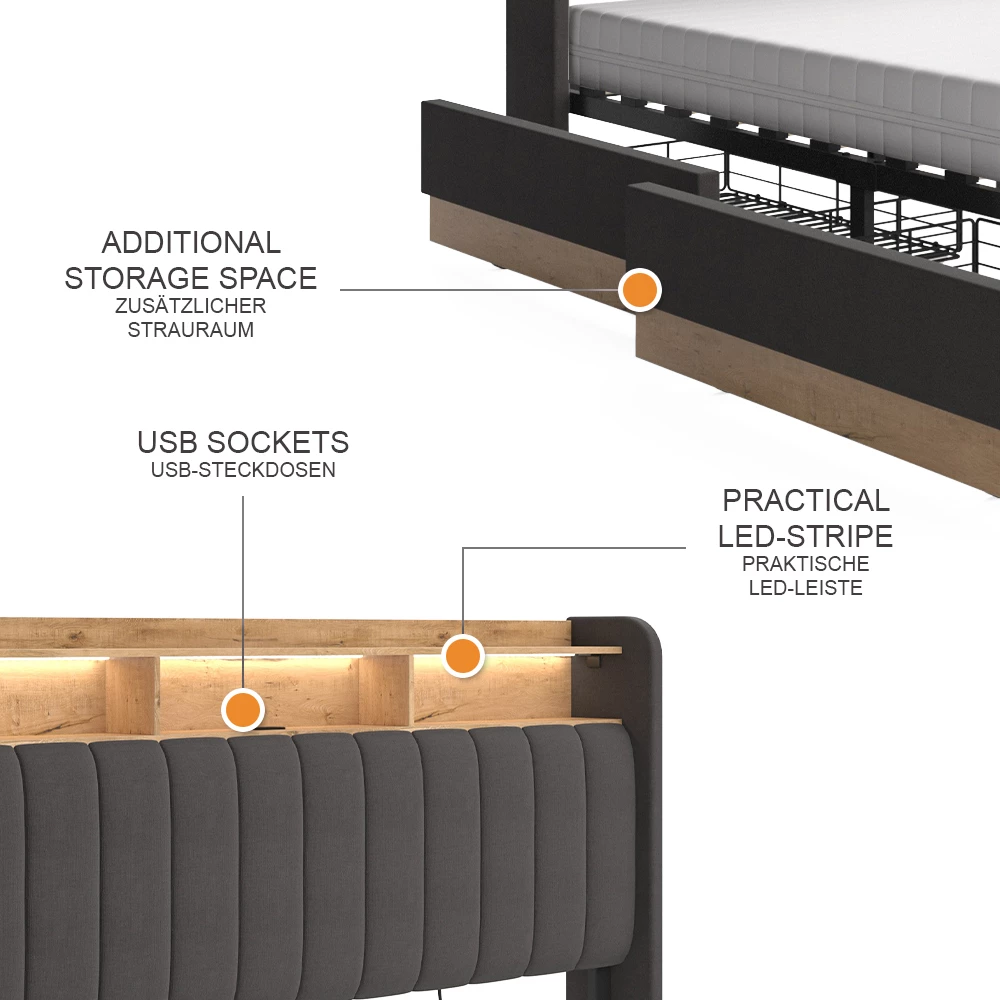 Polsterbett Nura Anthrazit 160x200 cm mit Matratze livinity®