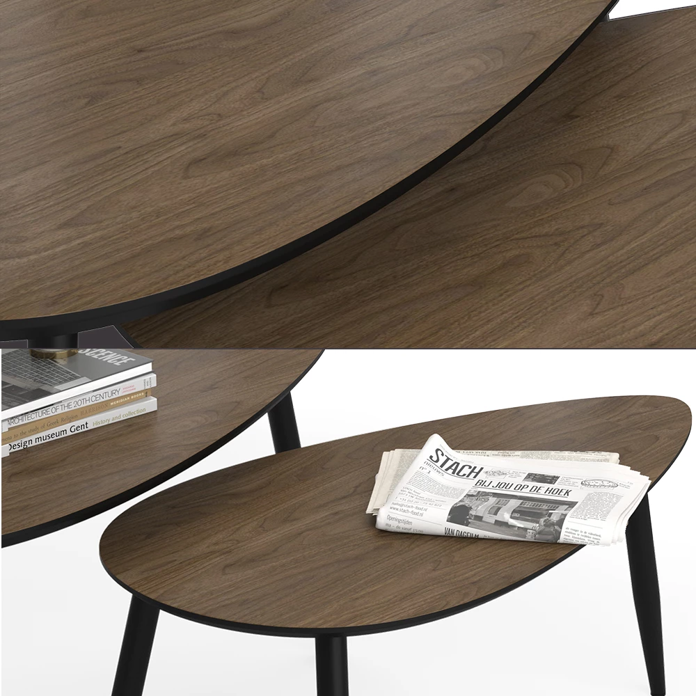 Nahaufnahme von Couchtisch-Set in Walnuss/Schwarz, zeigt Design- und Oberflächendetails