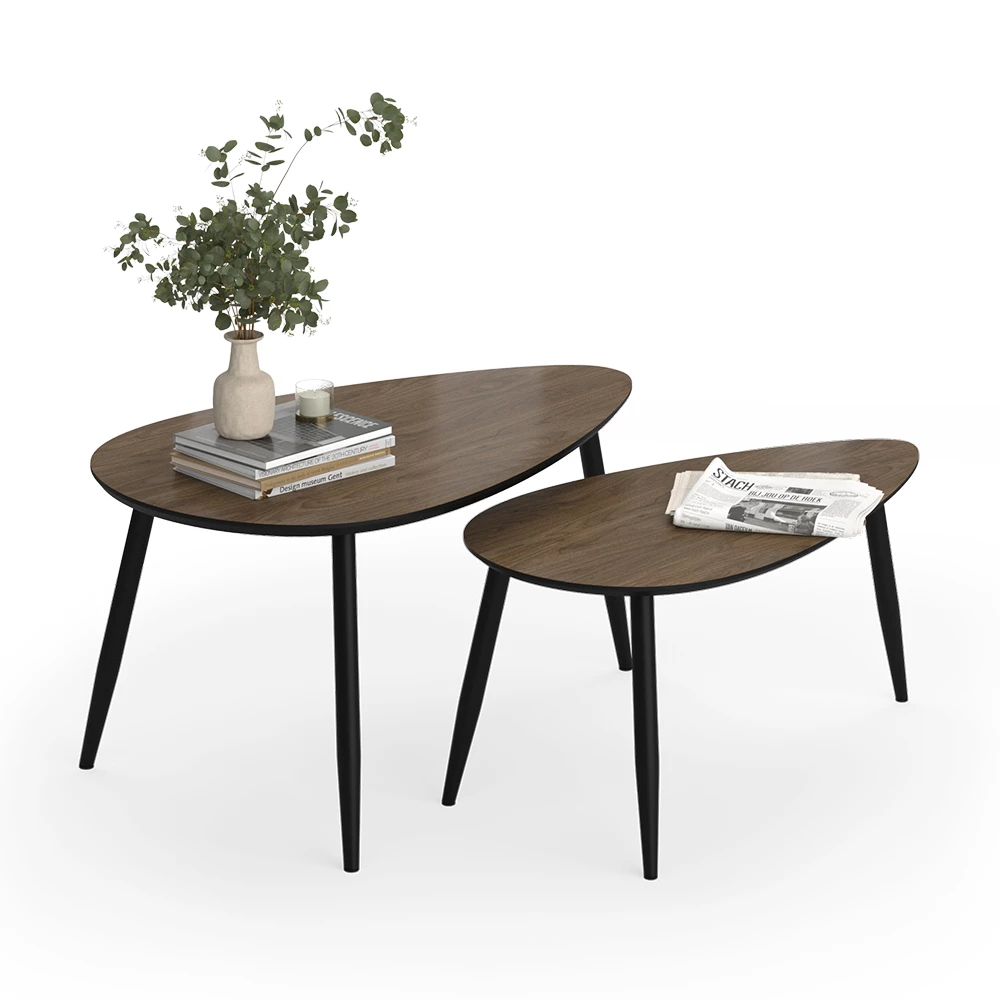 Couchtisch-Set in Walnuss/Schwarz auf weißem Hintergrund mit dekorativen Elementen