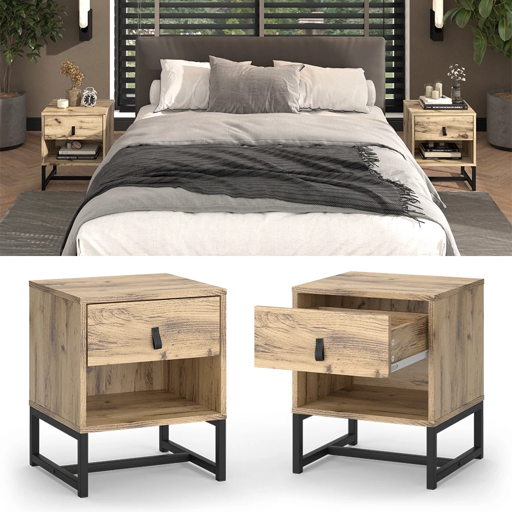 Nachttisch in Eiche, dargestellt im Ambiente und auf weißem Hintergrund