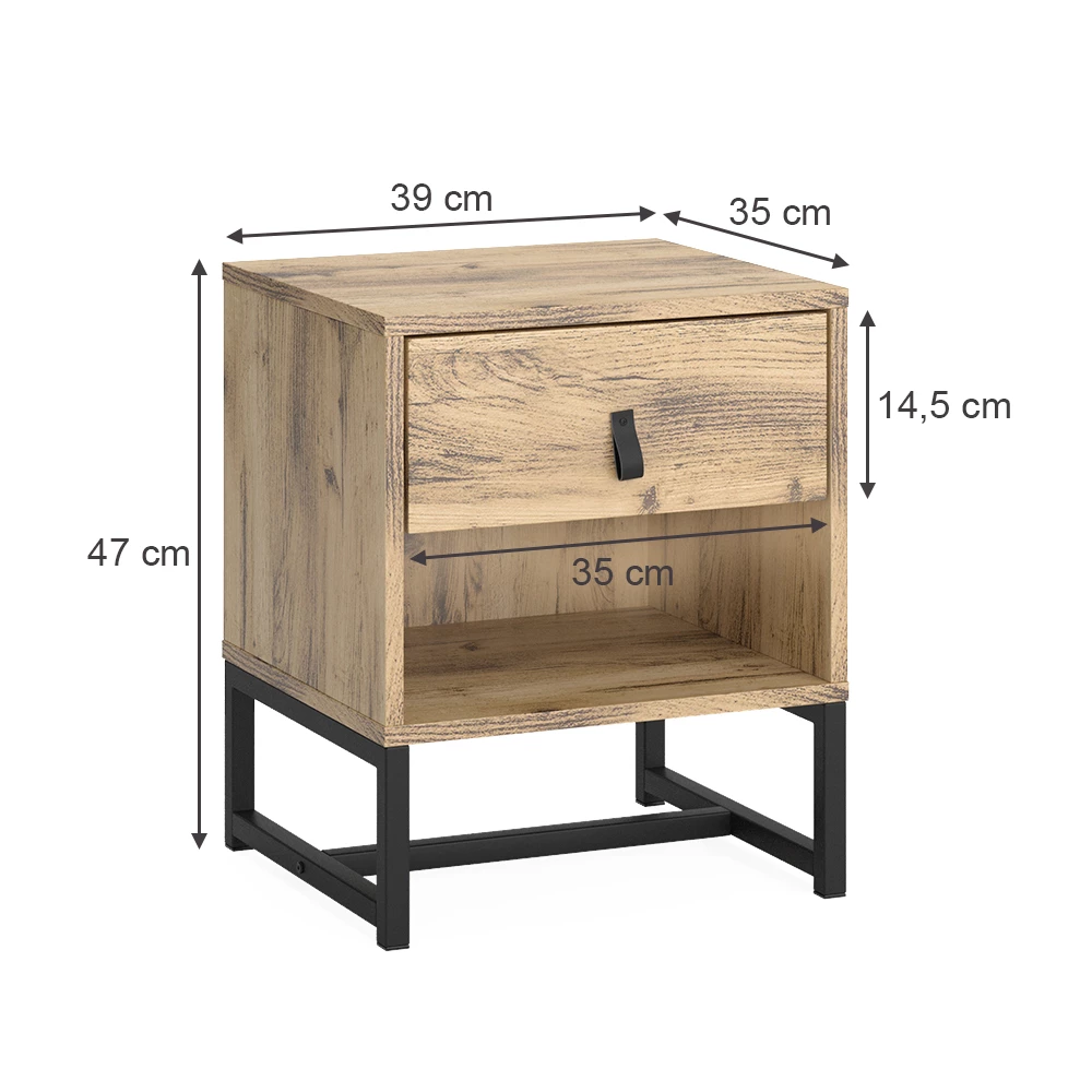 Nachttisch in Eiche auf weißem Hintergrund mit sichtbaren Maßen