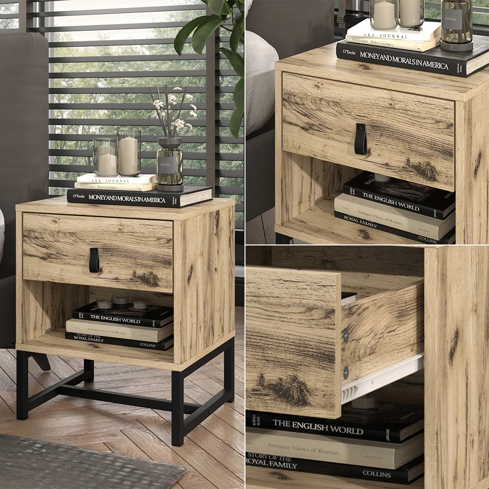 Nahaufnahme von Nachttisch in Eiche, zeigt Textur/Details