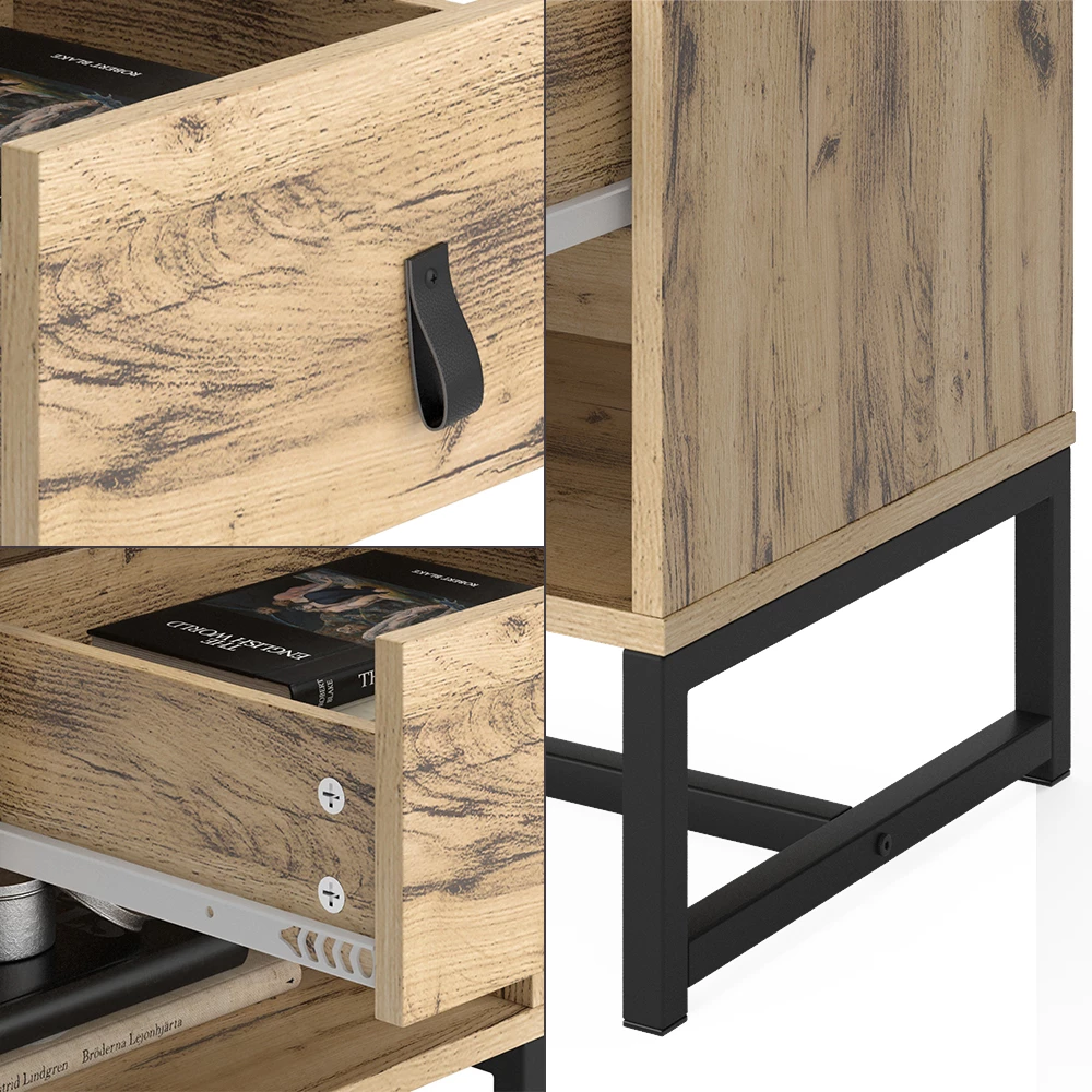 Nahaufnahme von Nachttisch in Eiche, zeigt Design- und Oberflächendetails