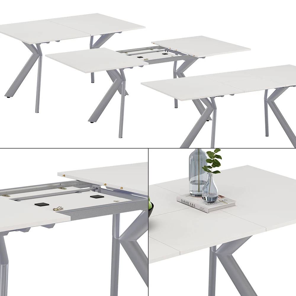 Nahaufnahme von Esstisch in Weiß/Grau, zeigt Design- und Oberflächendetails