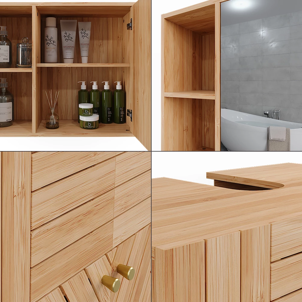 Nahaufnahme von Badmöbel-Set in Bambus, zeigt Design- und Oberflächendetails