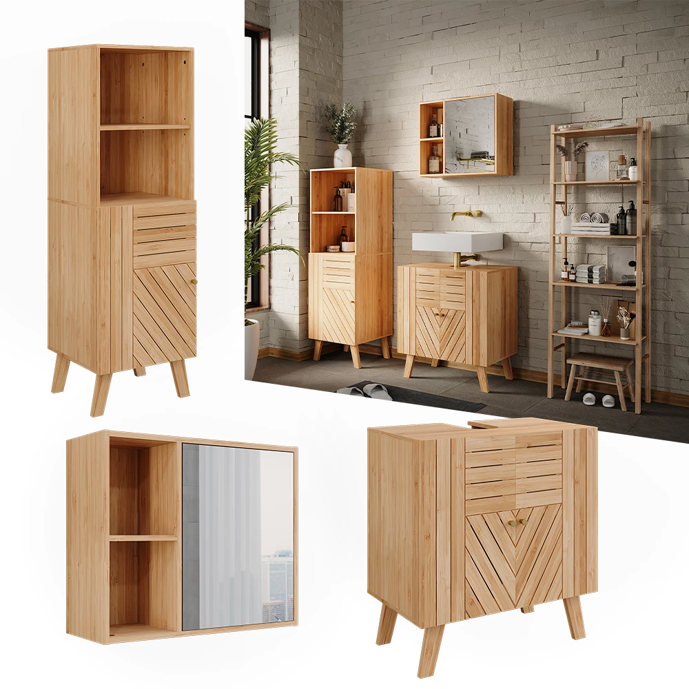 Vicco Badmöbel-Set Bambus 3 Teile, mit Midischrank, Lucie