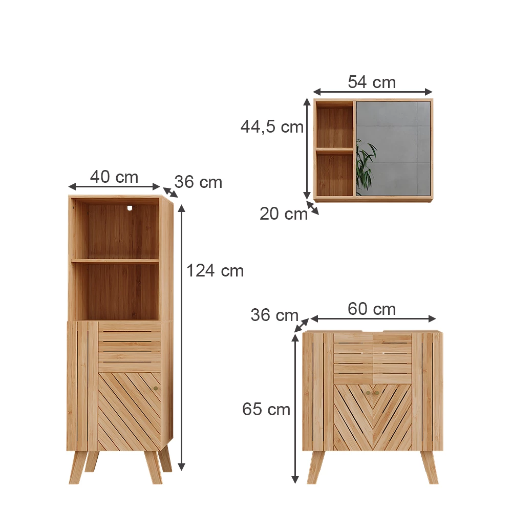 Badmöbel-Set in Bambus auf weißem Hintergrund mit sichtbaren Maßen