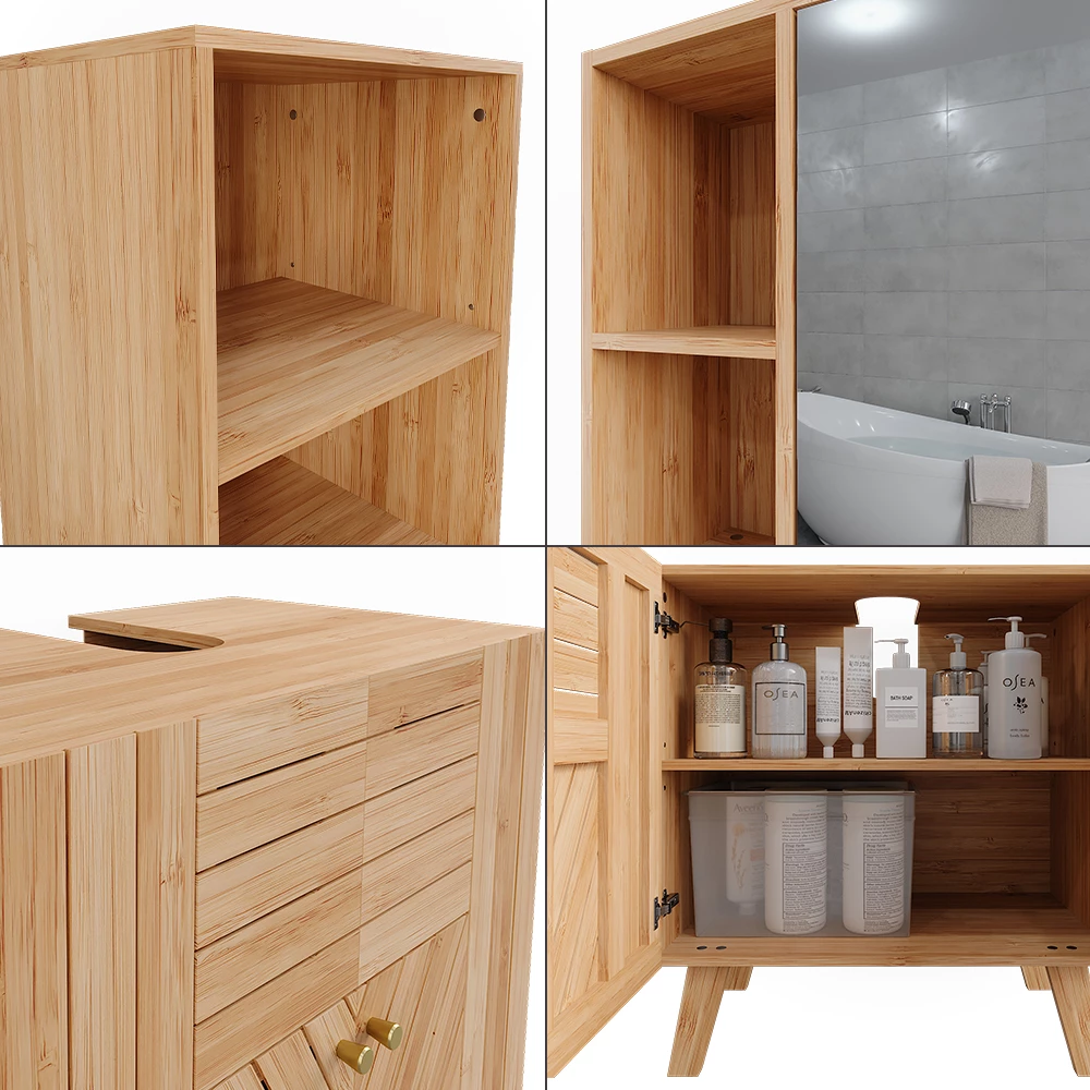 Nahaufnahme von Badmöbel-Set in Bambus, zeigt Design- und Oberflächendetails