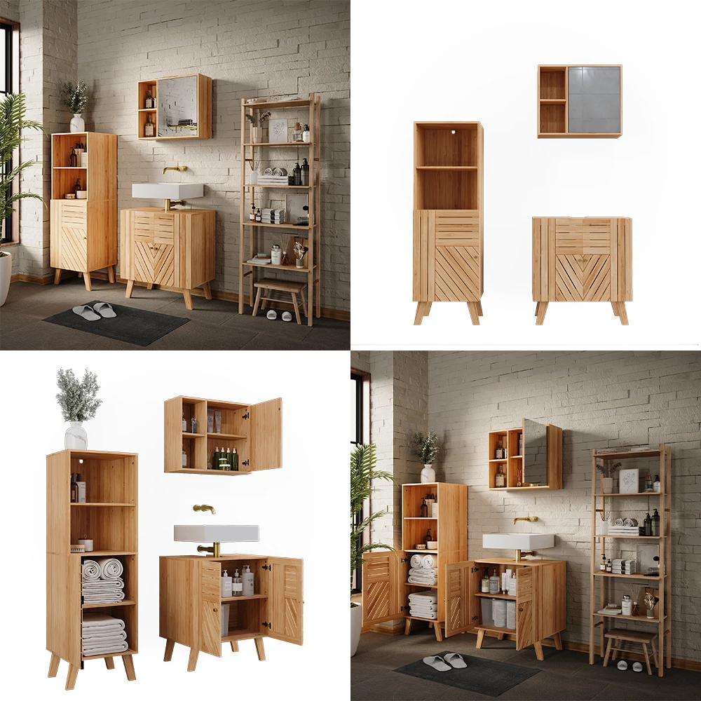livinity® Badmöbel-Set Bambus 3 Teile, mit Midischrank, Lucie