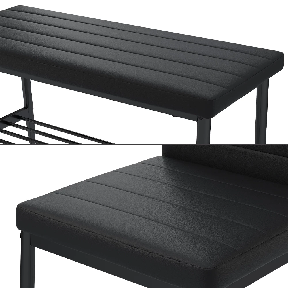 Nahaufnahme von Sitzbank in Schwarz, zeigt Design- und Oberflächendetails