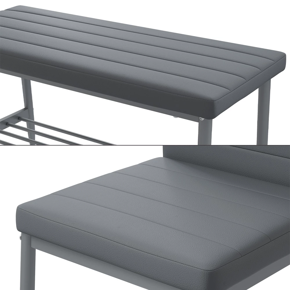 Nahaufnahme von Sitzbank und Stuhl in Grau, zeigt Design- und Oberflächendetails