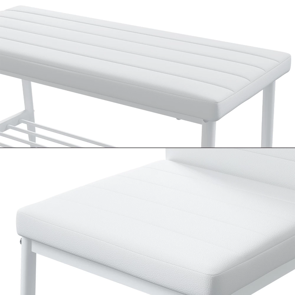 Nahaufnahme von Sitzbank und Stuhl in Weiß, zeigt Design- und Oberflächendetails