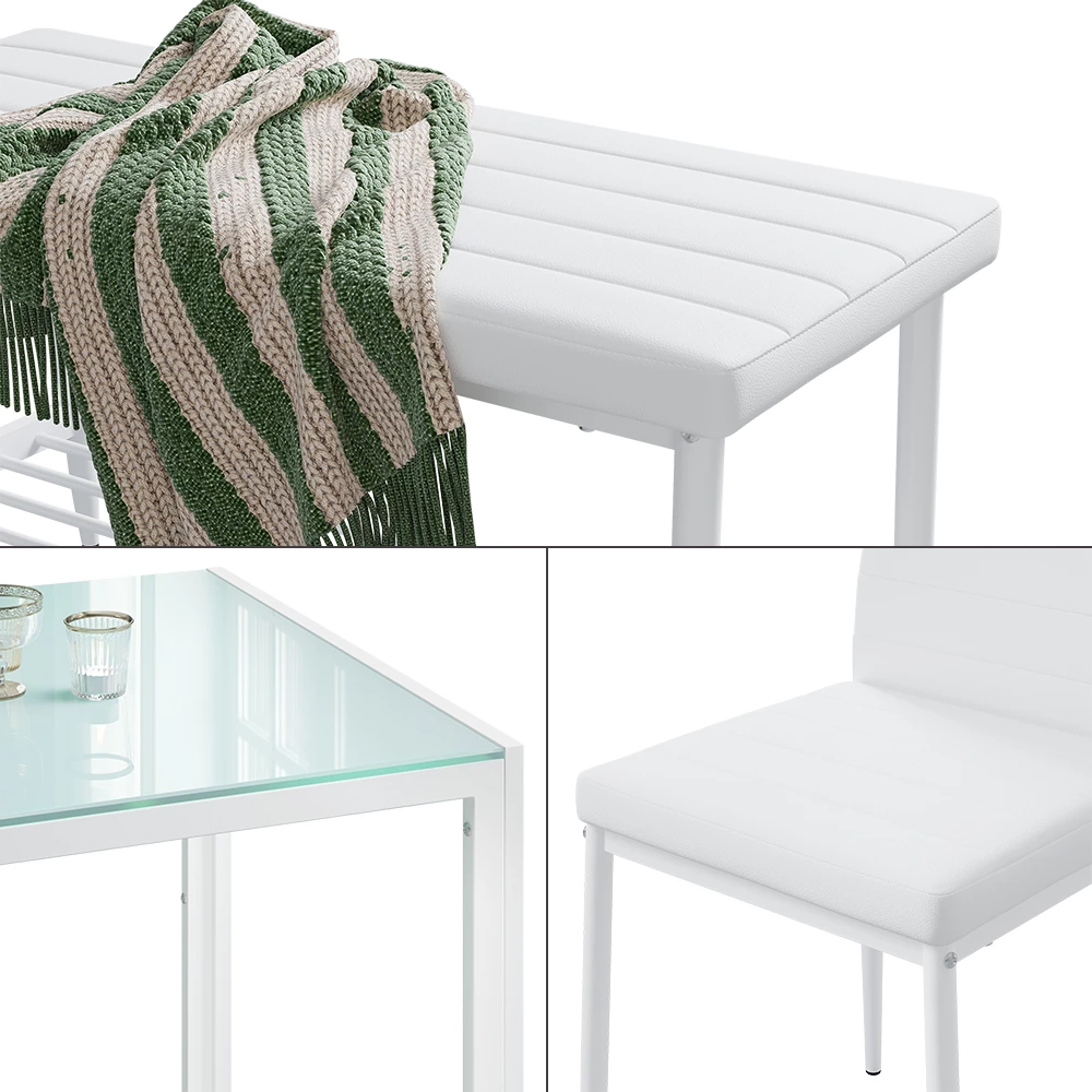 Nahaufnahme von Esstisch-Set in Weiß, zeigt Design- und Oberflächendetails
