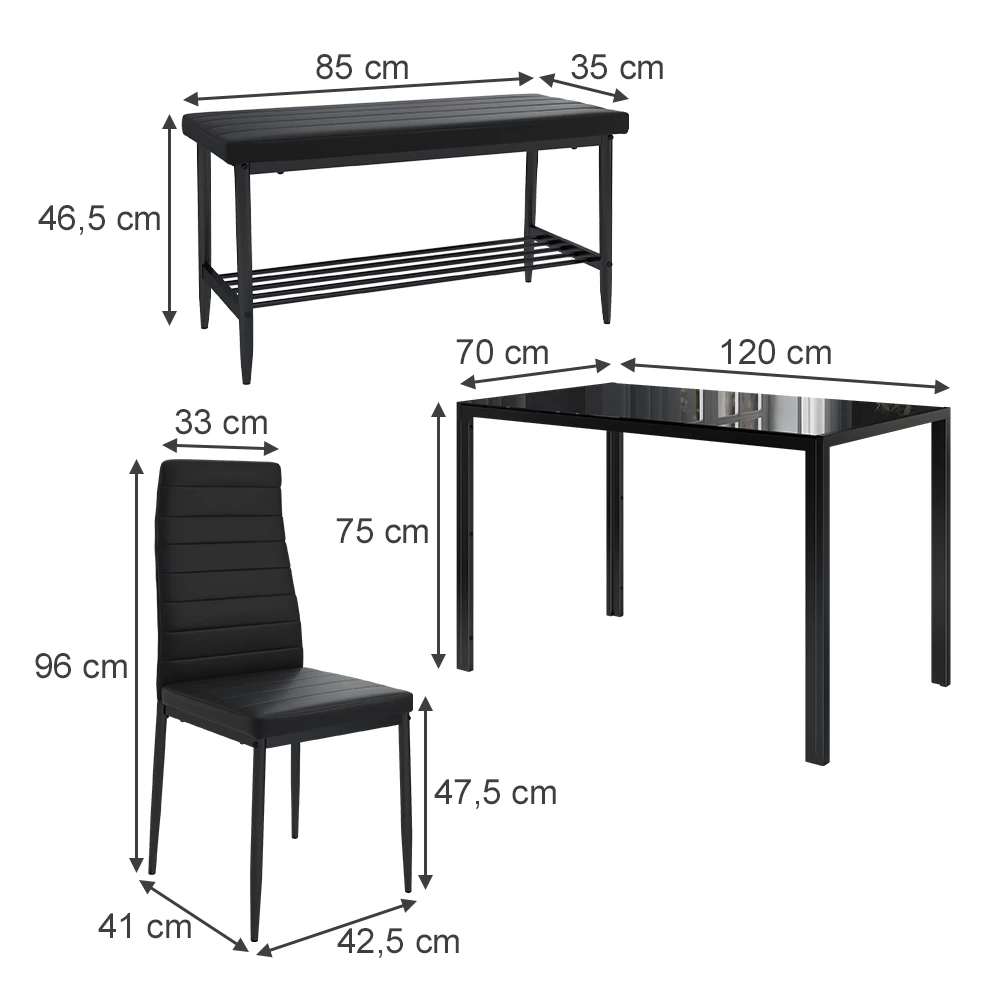 Esstisch-Set in Schwarz auf weißem Hintergrund mit sichtbaren Maßen