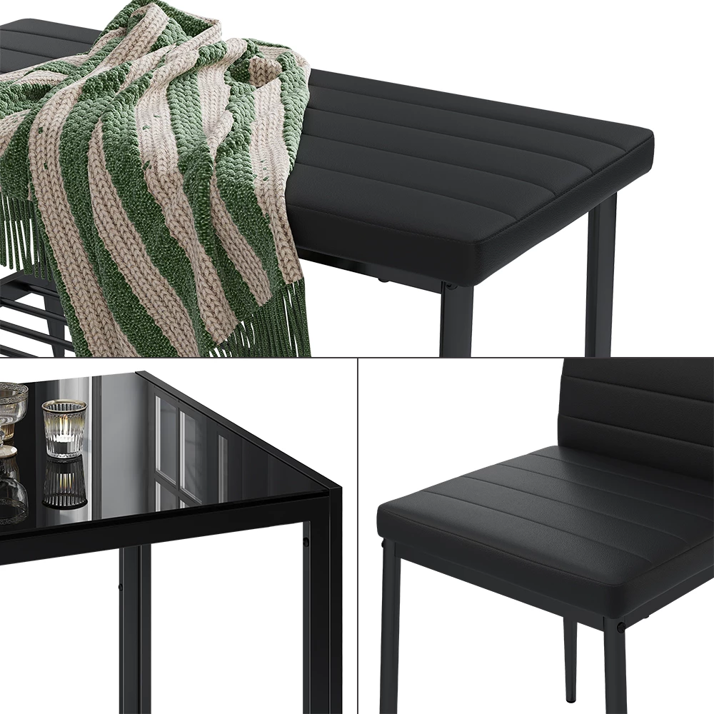 Nahaufnahme von Esstisch-Set in Schwarz, zeigt Design- und Oberflächendetails
