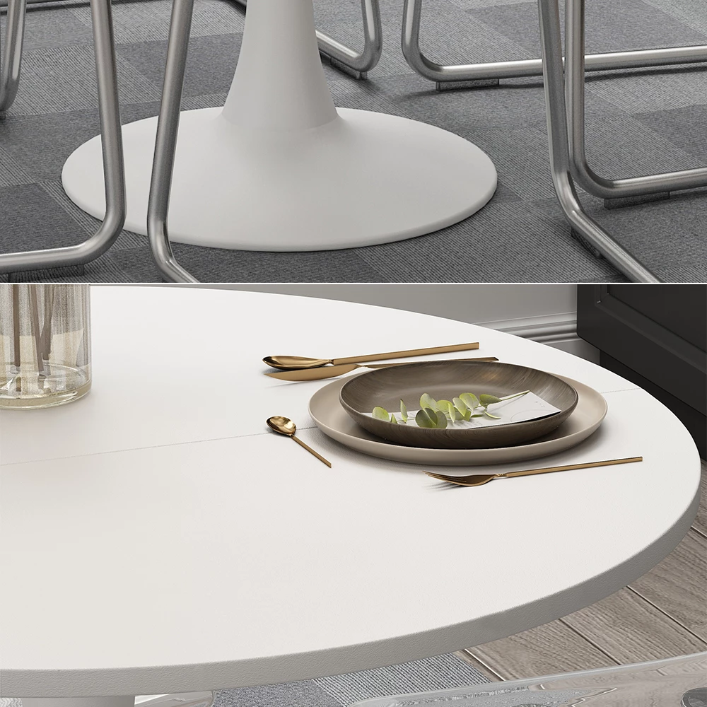 Nahaufnahme von Esstisch in Weiß, zeigt Textur/Details