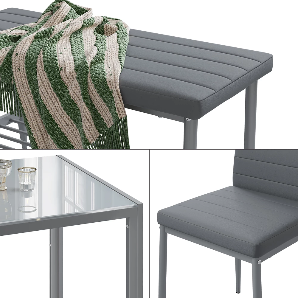 Nahaufnahme von Esstisch-Set in Grau, zeigt Design- und Oberflächendetails