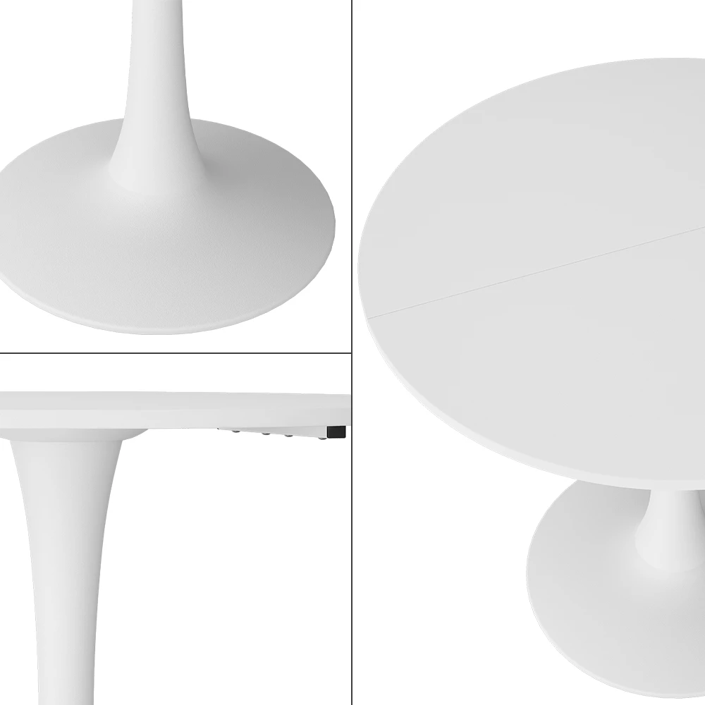 Nahaufnahme von Esstisch in Weiß, zeigt Design- und Oberflächendetails