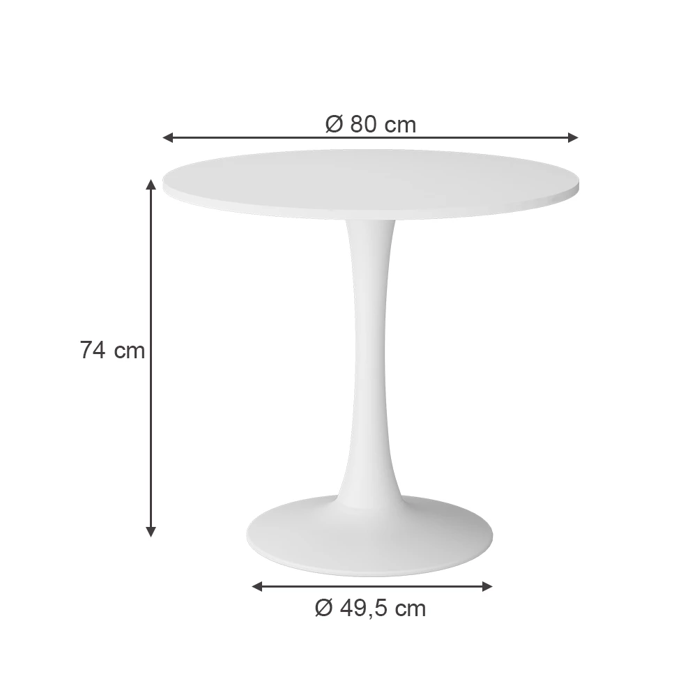 Esstisch in Weiß auf weißem Hintergrund mit sichtbaren Maßen