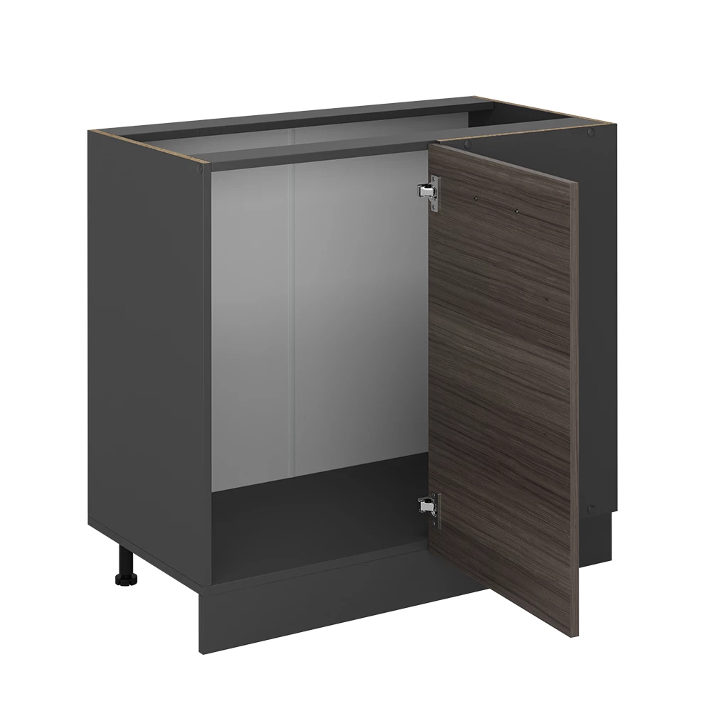 Meuble d'angle en Gris noble sur fond blanc avec des éléments décoratifs