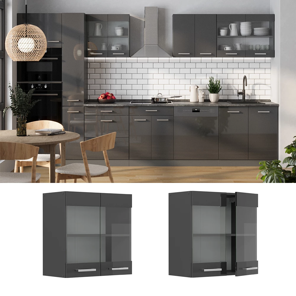 Glazen keukenkast in Antraciet Hoogglans, shown in ambient setting and on white background