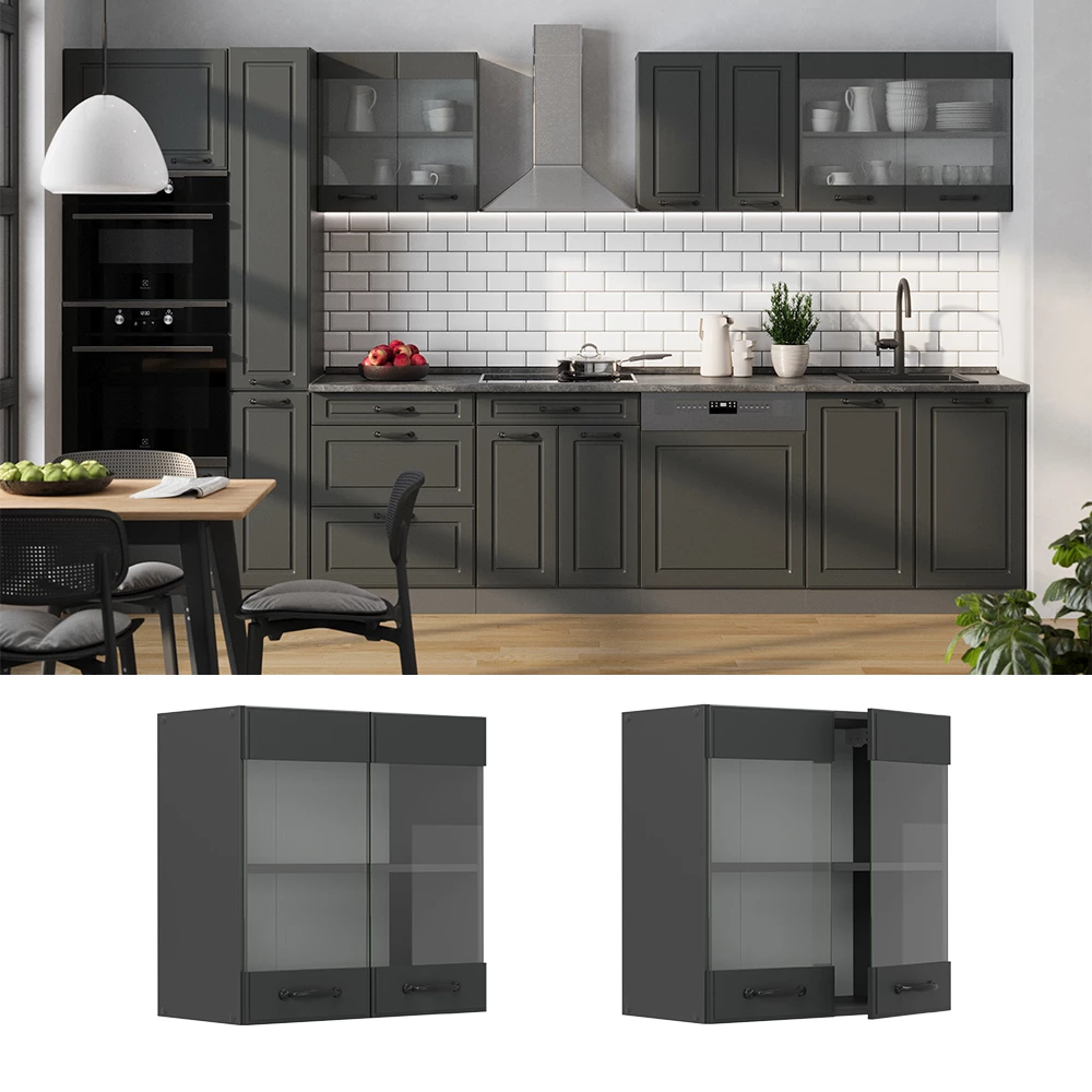 Glazen keukenkast in Antraciet landhuis, shown in ambient setting and on white background