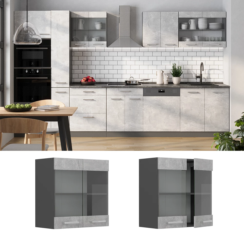 Mobile da cucina in vetro in Calcestruzzo, shown in ambient setting and on white background