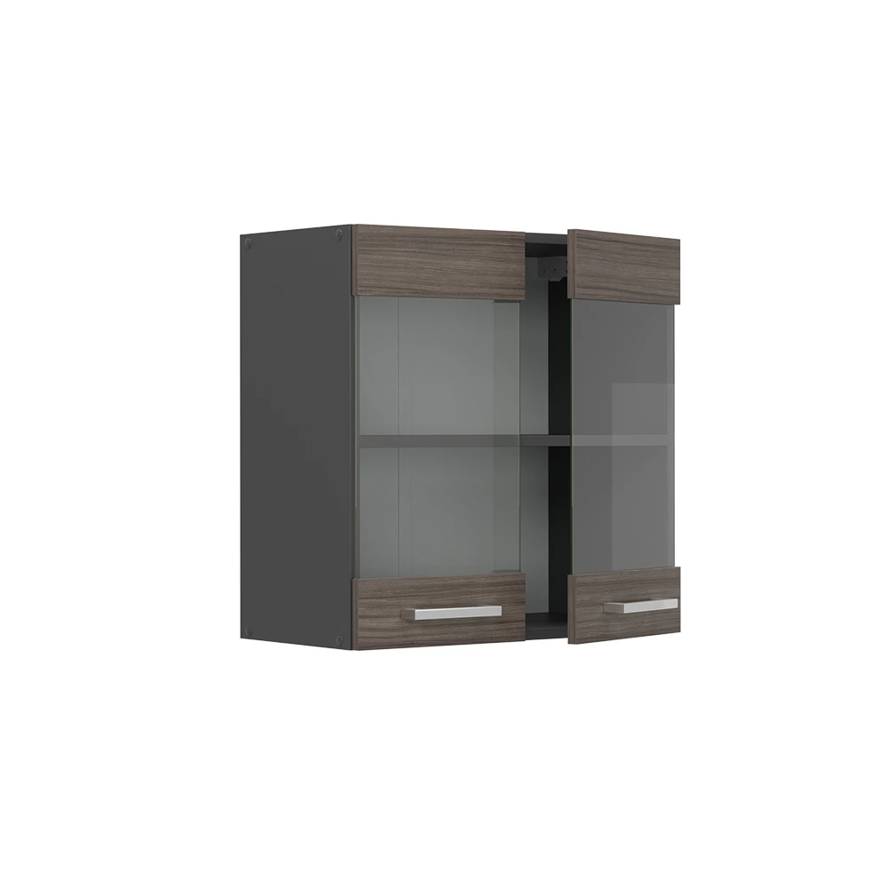 Armoire en verre en Gris noble sur fond blanc avec des éléments décoratifs