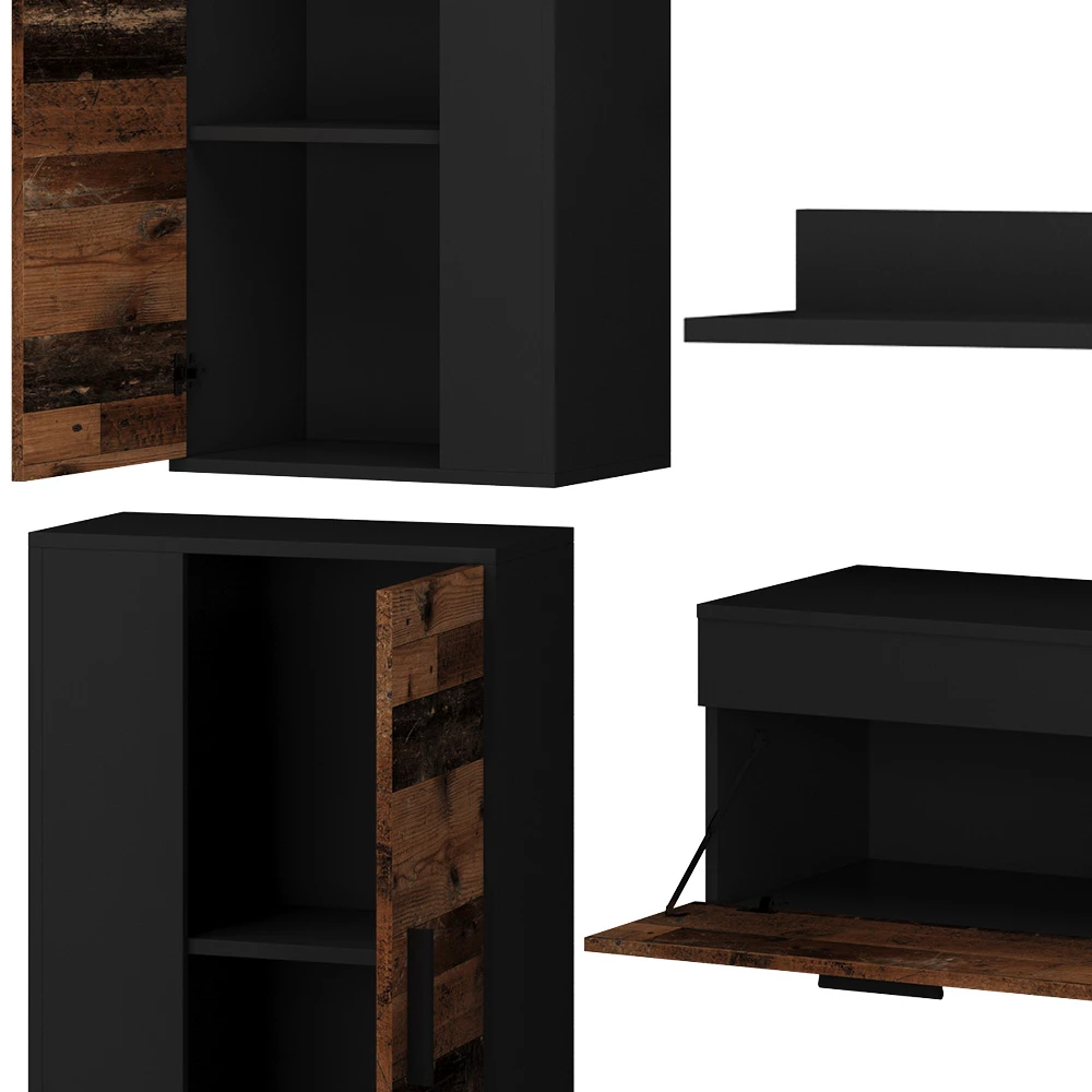 Nahaufnahme von Wohnwand in Eiche rustikal, zeigt Design- und Oberflächendetails