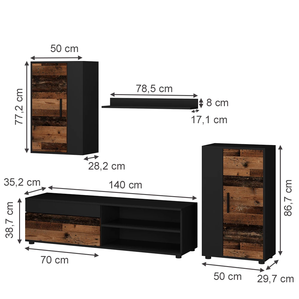 Wohnwand in Eiche rustikal auf weißem Hintergrund mit sichtbaren Maßen