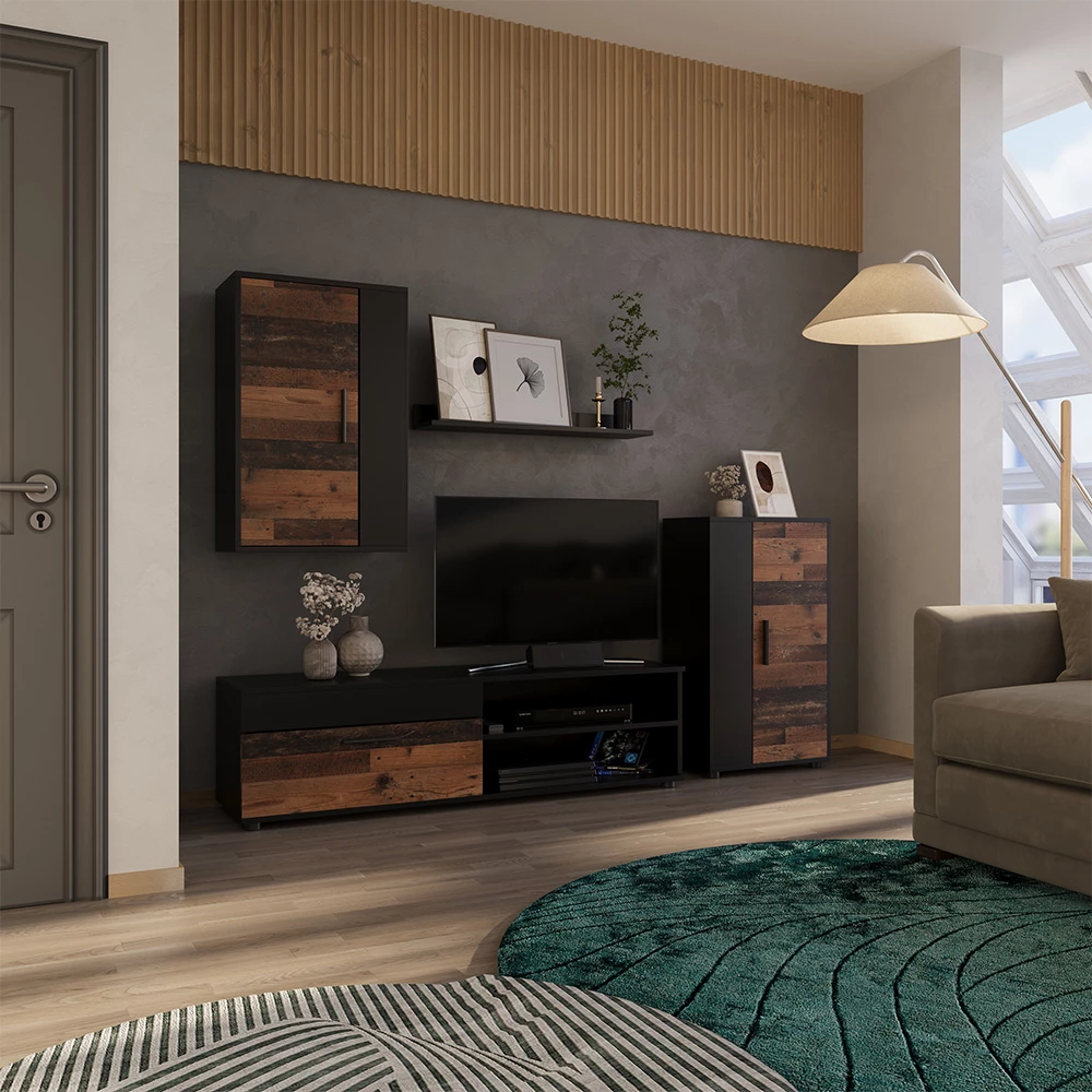 Wohnwand in Eiche rustikal, dargestellt im Ambiente mit Dekoration