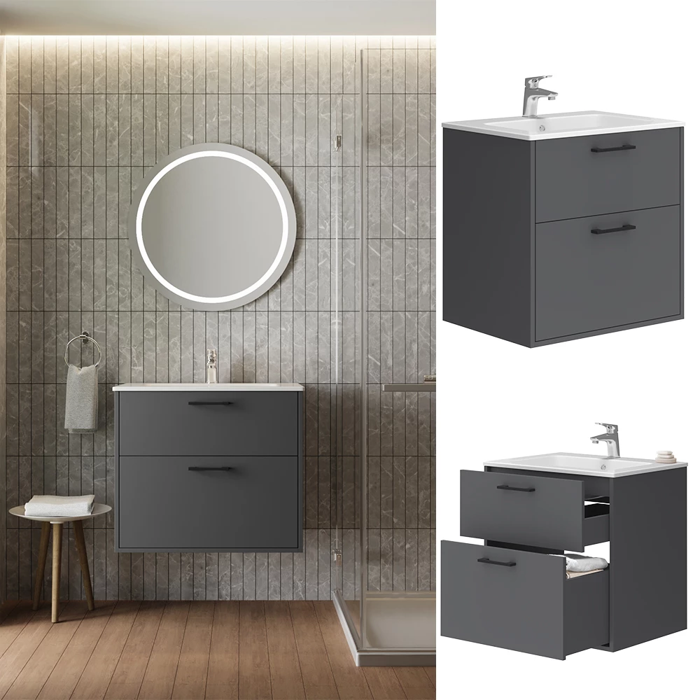 Vicco Badmöbel-Set Anthrazit 61 x 61.5 cm mit Waschbecken, Lanco