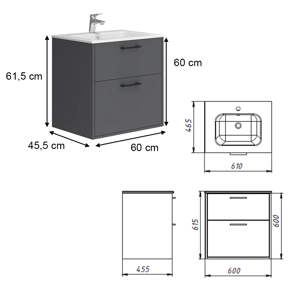 Vicco Badkamermeubelset Antraciet 61 x 61.5 cm met wastafel, Lanco