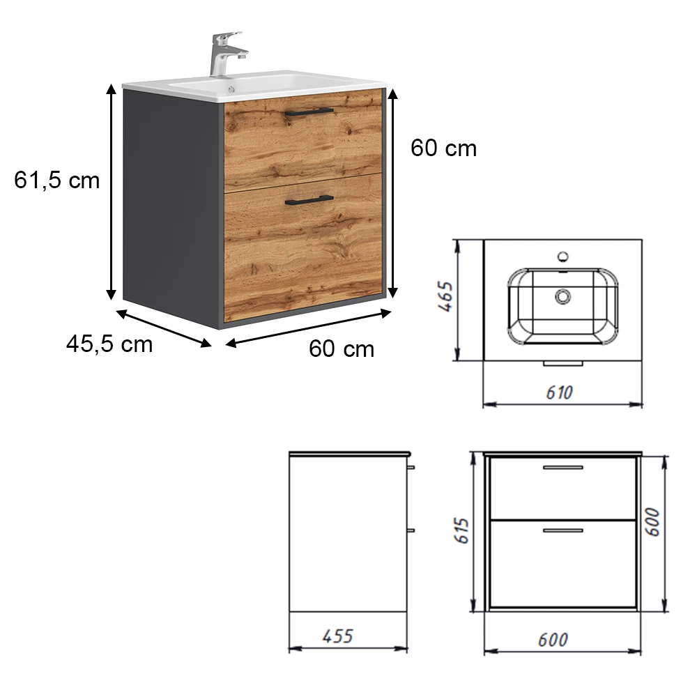 Vicco Badmöbel-Set Anthrazit/Goldkraft Eiche 61 x 61.5 cm mit Waschbecken, Lanco
