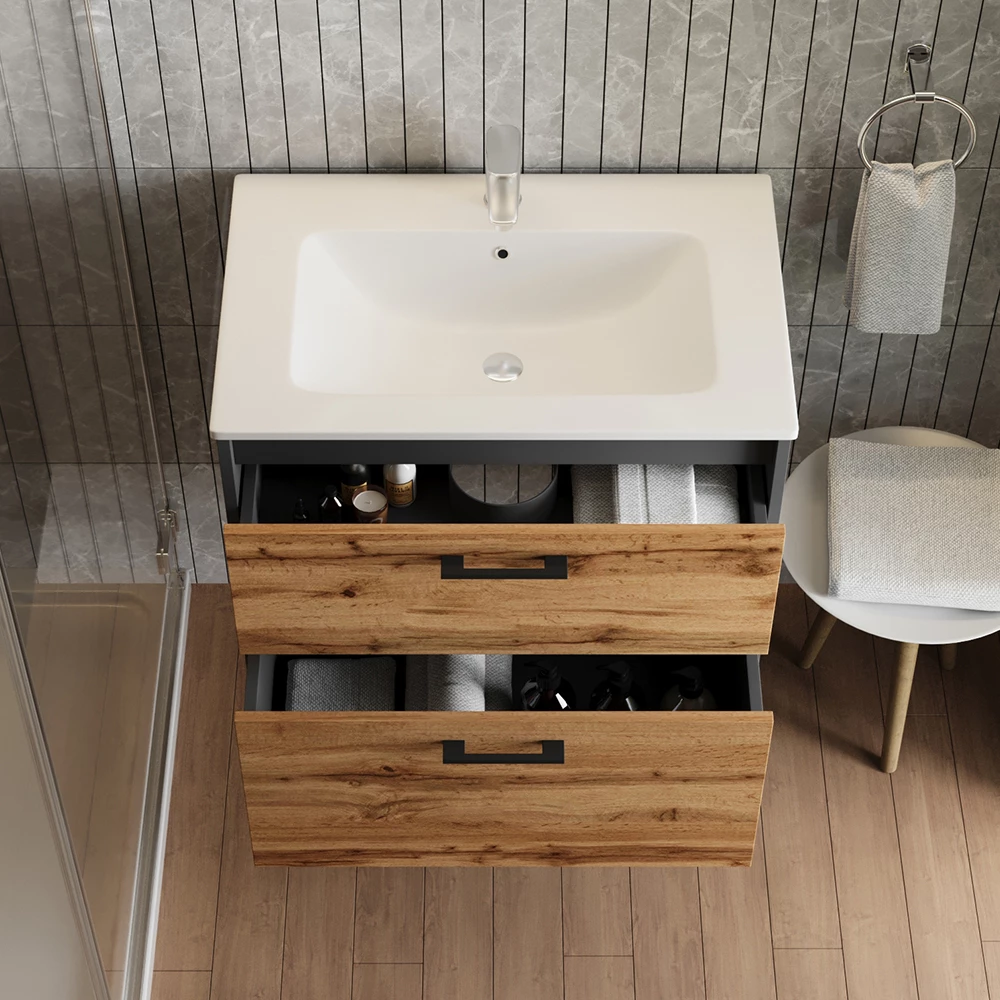 Vicco Badmöbel-Set Anthrazit/Goldkraft Eiche 80 x 61.5 cm mit Waschbecken, Lanco