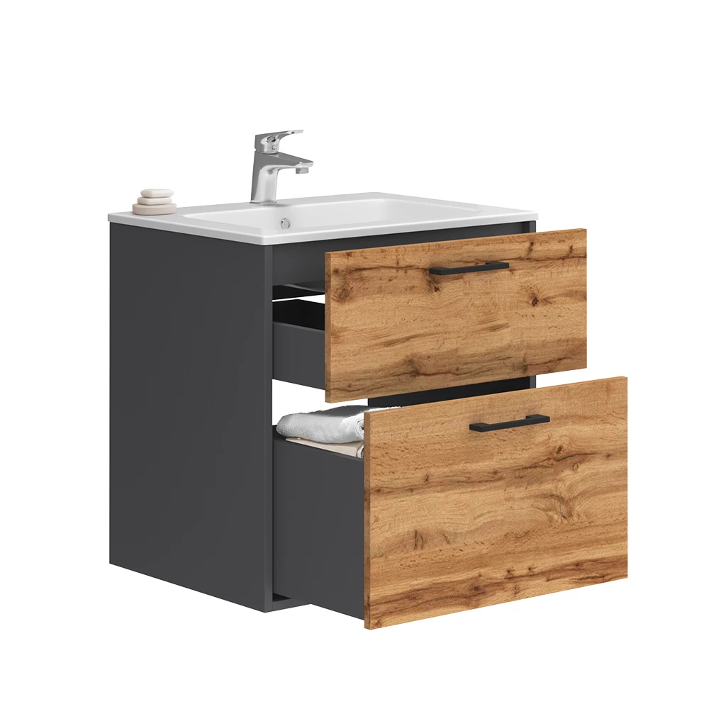 Vicco Badmöbel-Set Anthrazit/Goldkraft Eiche 61 x 61.5 cm mit Waschbecken, Lanco