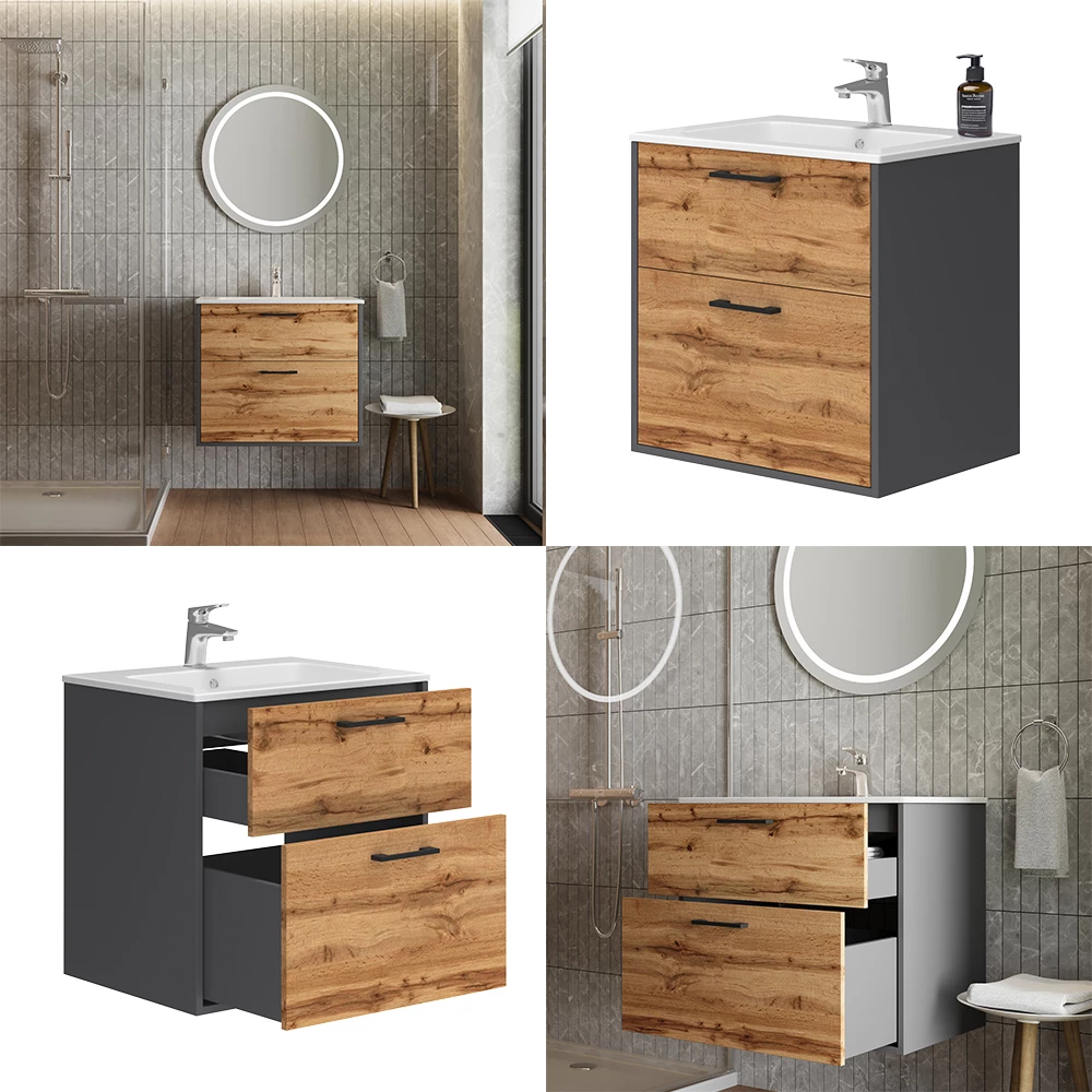 Vicco Badmöbel-Set Anthrazit/Goldkraft Eiche 61 x 61.5 cm mit Waschbecken, Lanco