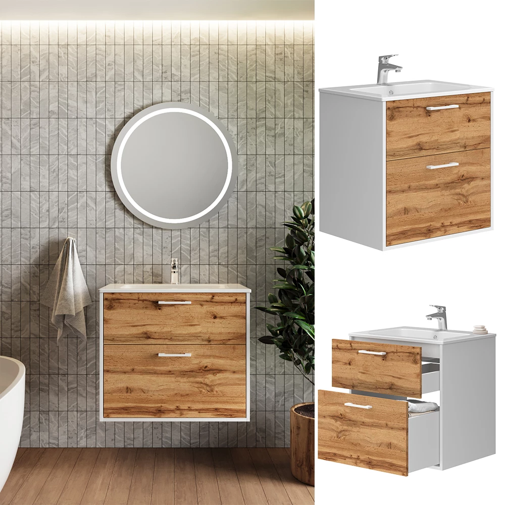 Vicco Badmöbel-Set Weiß/Goldkraft Eiche 61 x 61.5 cm mit Waschbecken, Lanco