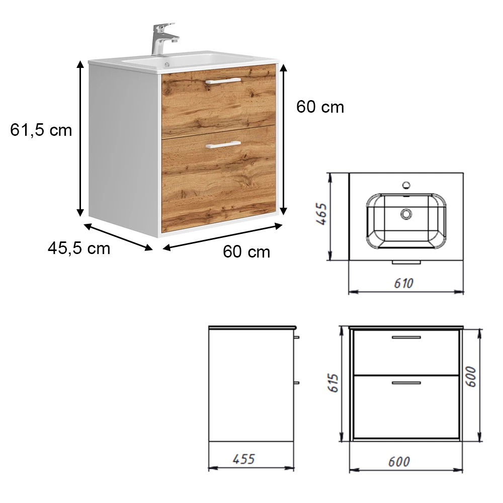 Vicco Badmöbel-Set Weiß/Goldkraft Eiche 61 x 61.5 cm mit Waschbecken, Lanco