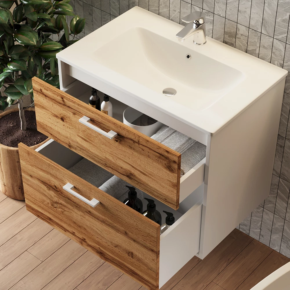 Vicco Badmöbel-Set Weiß/Goldkraft Eiche 61 x 61.5 cm mit Waschbecken, Lanco