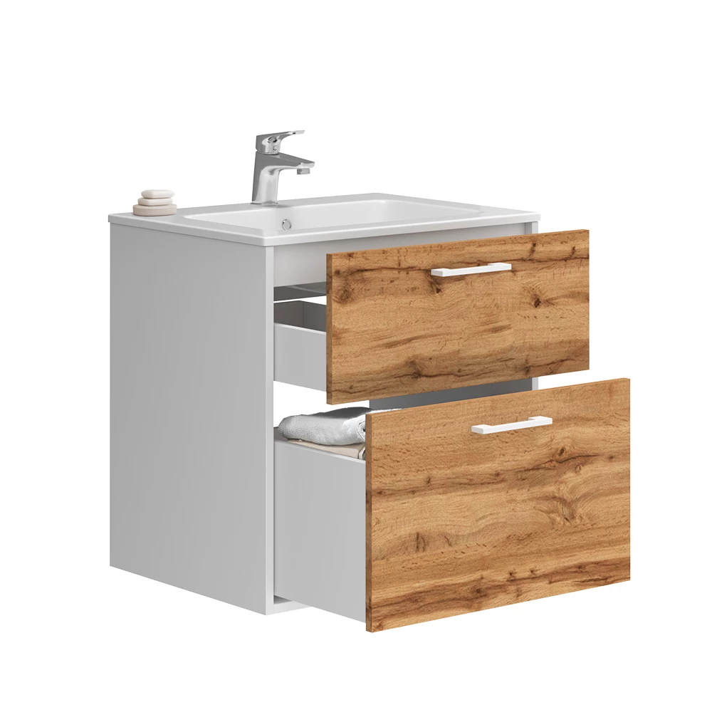 Vicco Badmöbel-Set Weiß/Goldkraft Eiche 61 x 61.5 cm mit Waschbecken, Lanco