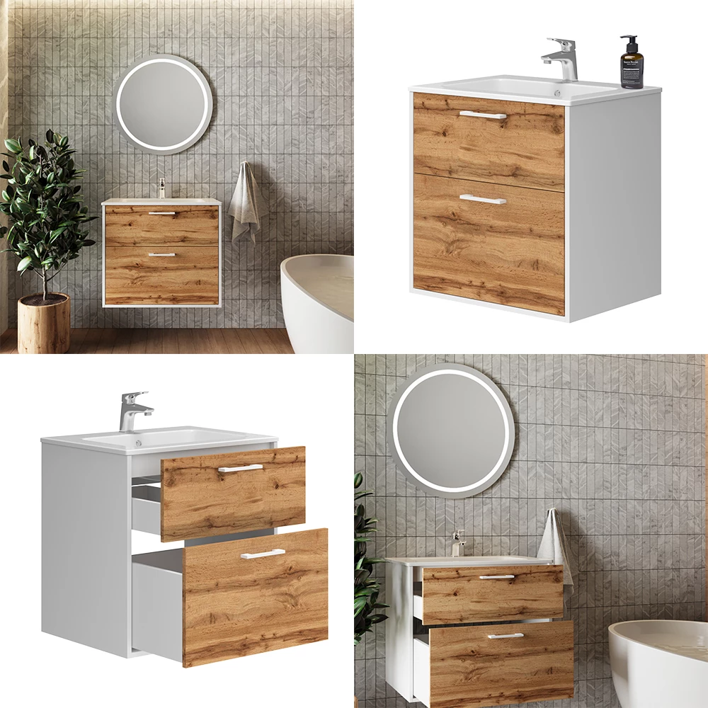 Vicco Badmöbel-Set Weiß/Goldkraft Eiche 61 x 61.5 cm mit Waschbecken, Lanco