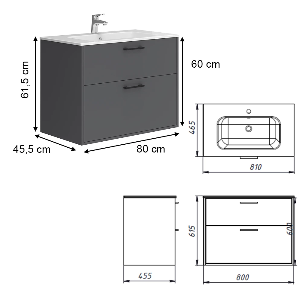 Vicco Set di mobili da bagno Antracite 80 x 61.5 cm con lavabo, Lanco
